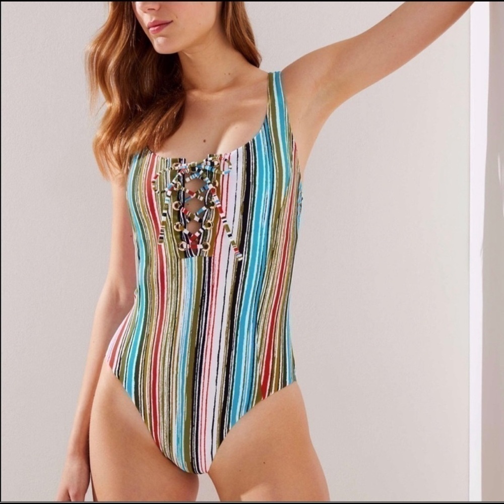 Loft | Beach striped lace up swimsuit